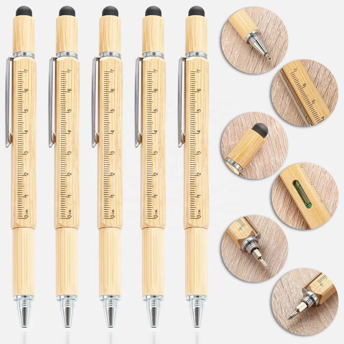 Personalize 6 in 1 Stylus Custom Engraved tool wood Ballpoint pen with Level and Screwdrivers