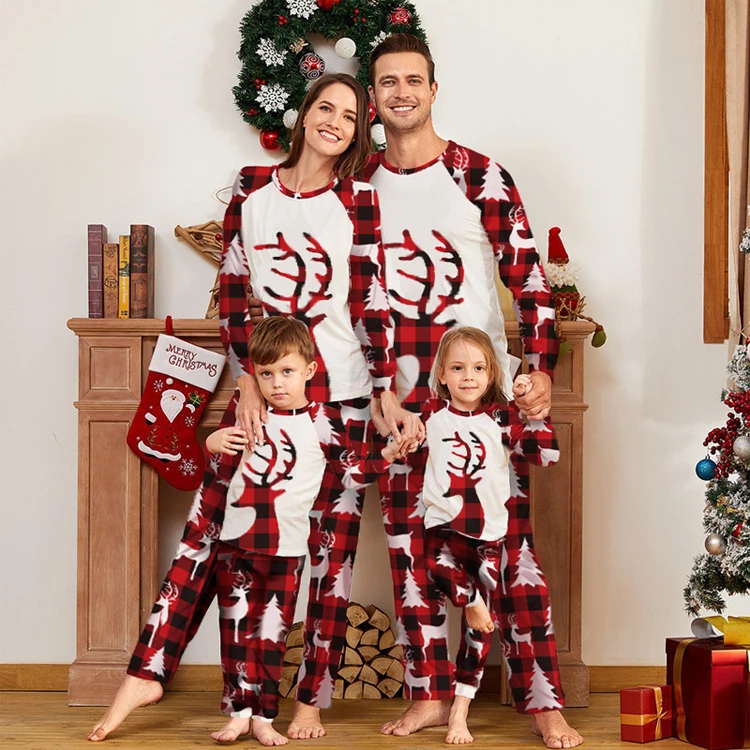 Custom Red Plaid Long Sleeve Christmas Pjs Family Kids Cute Winter Family Merry Christmas Deer Print Sleepwear Suit