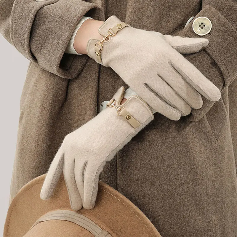 Winter Warm Slim Rabbit Fur Gloves Double Thickened Windproof Cashmere Riding Gloves with Comfortable Wrapped Wrist