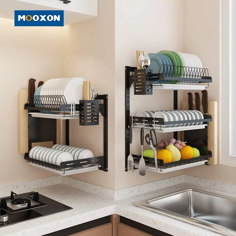 Wall Mount 2  Tier Plate Organizer Countertop Storage Stand Stainless Steel Bowl Drainer Dish Drying Rack With Cutlery Holder