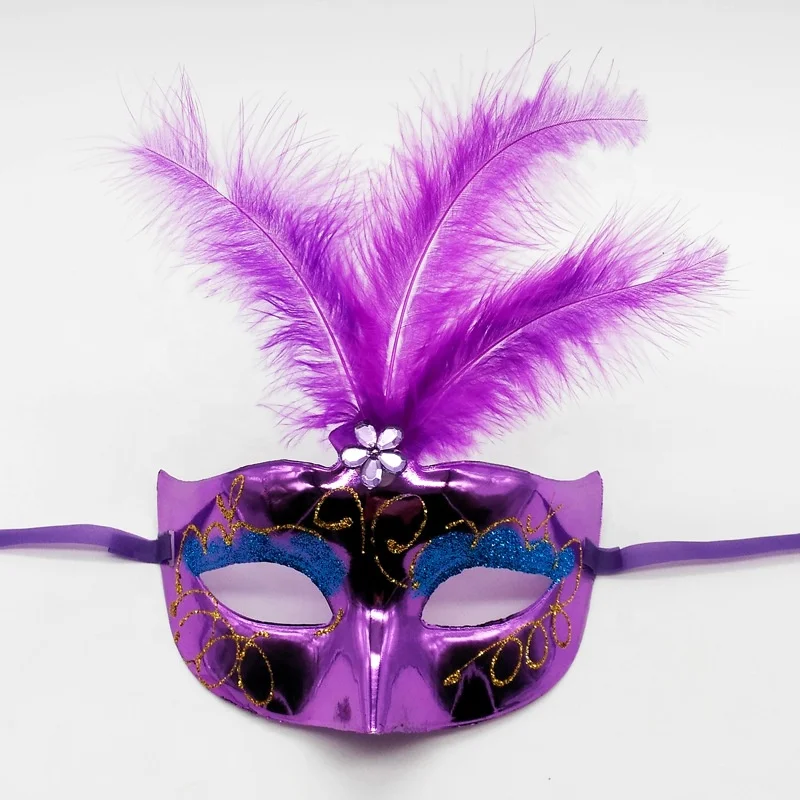Half Face Woman Party Mask Electroplating painting colorful mardi gras masks with feather