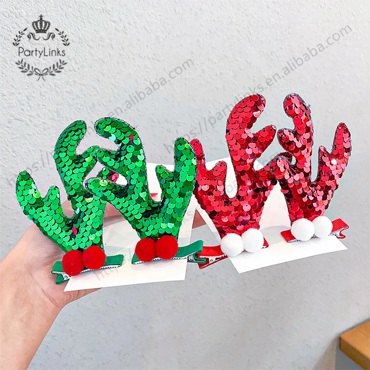 1pair Merry Christmas Hair Clip Glitter Sequins Deer Horn Antlers Tree Hairpins Lovely Ball Hair Clip Shiny Party Hair Snaps