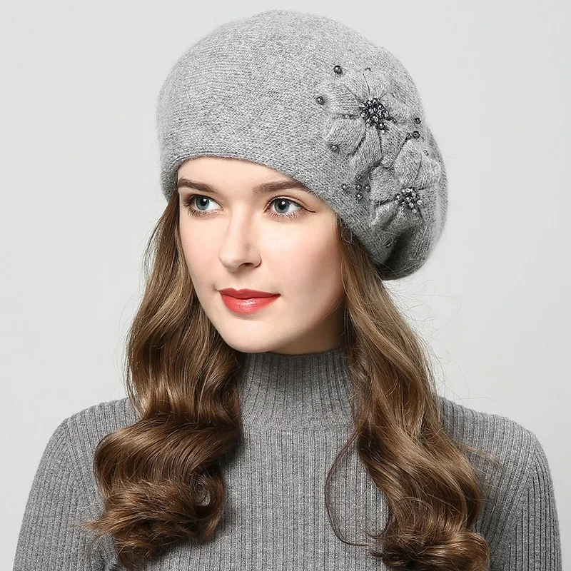Wholesale Autumn Winter Rabbit Fur Beret Beanie Cap Old Women Lady New Two Layer Knitted Warm Beret Hat with Pearls Flower