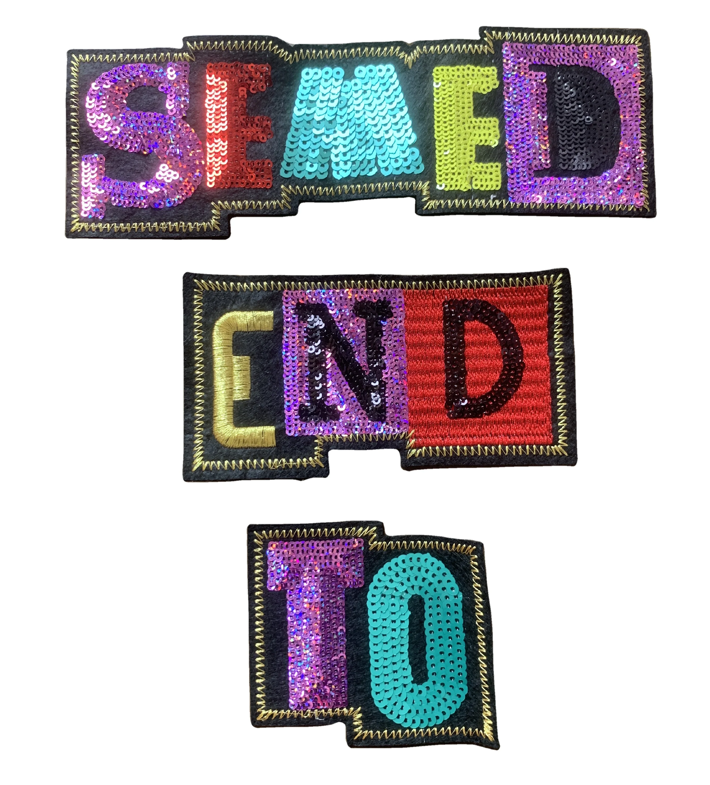 Custom Gold Thread Embroidery Sequin Patch colorful letters Machine Embroidering sequin patch