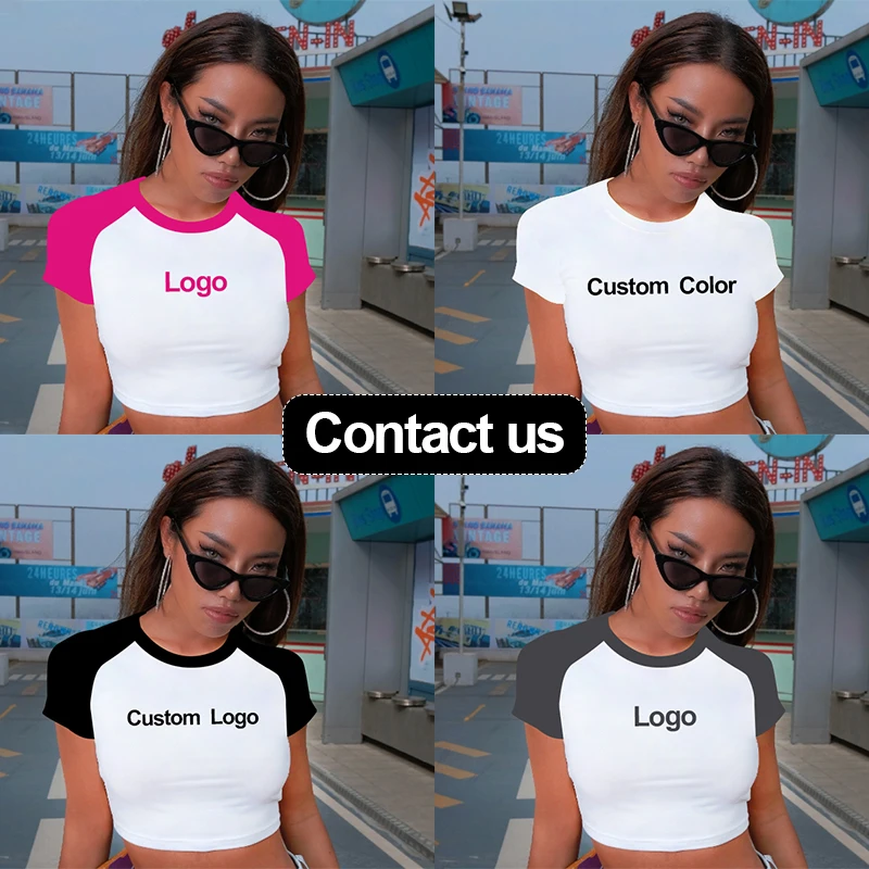 Custom Slogan White Print Baseball Crop Top Sexy Cropped T-Shirt Women Tight Slim Soft Cotton Spandex Girls Summer Baby Tee