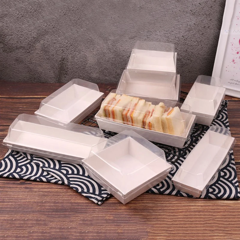 Cake bread snack bakery food packing rectangular square kraft paper box sandwich wrap box with plastic clear lids