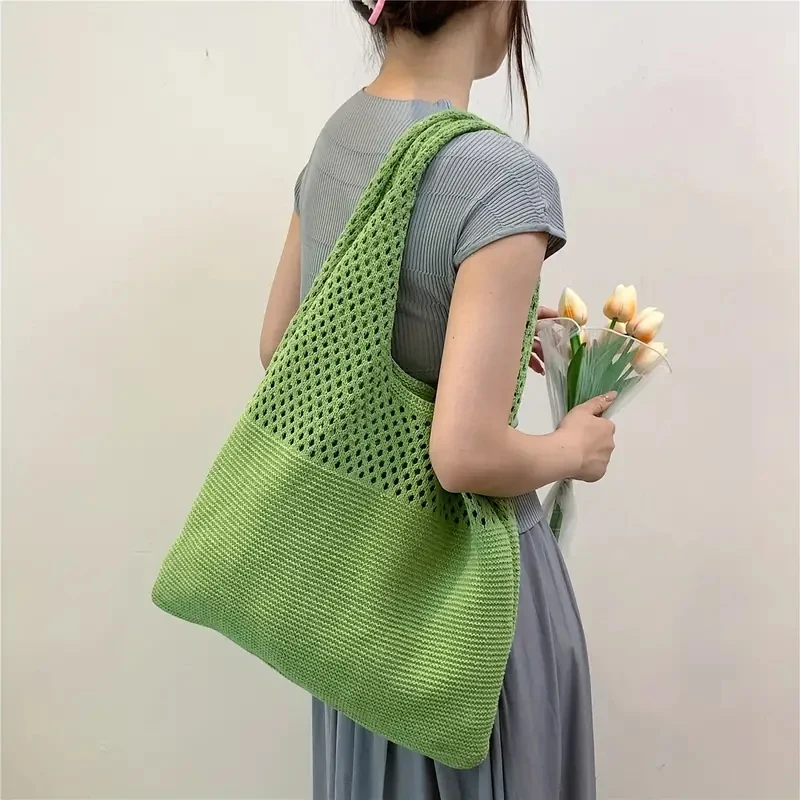 Custom Large Capacity Countryside Pastoral Style Thick Fly Knitted Shopping Bag Crochet Portable Tote Bag
