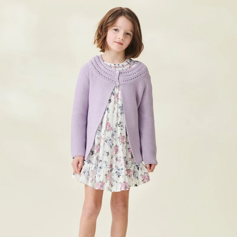 Lilac Girl Cotton Cardigan Fashionable Long Sleeved Brand Luxury Cardigans for Children Girl Solid Pink Kids Clothing Wholesale