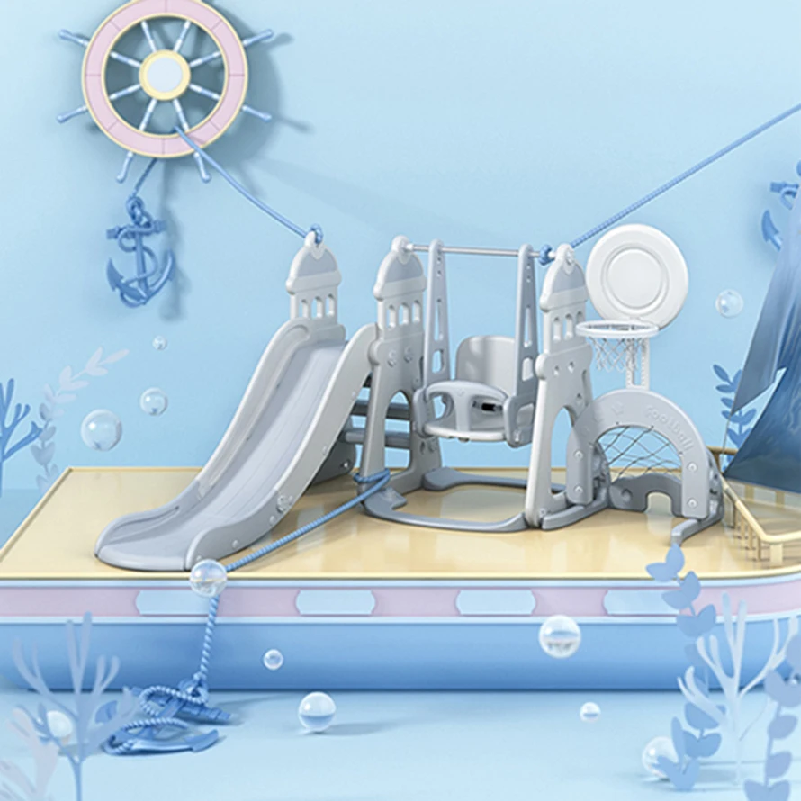 Updated castle Theme Indoor Children Playground Plastic 3 in 1 Kids Slide and Swing