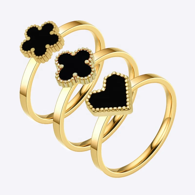 Dubai Plated 18K Gold Jewelry Exquisite Heart 4 Four Clover Flower Ring Black White Shell Stainless Steel Fashion Ring Women