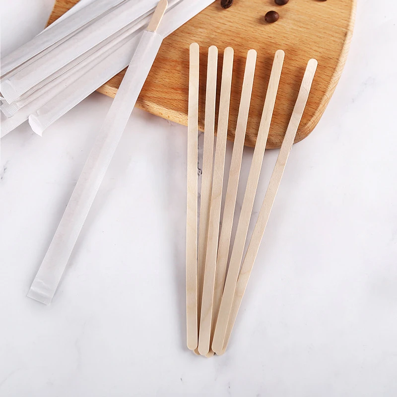 Natural Custom 140Mm Biodegradable Individually Paper Wrapped Coffee Ground Wood Coffee Tea Stirrers Stirring Stick