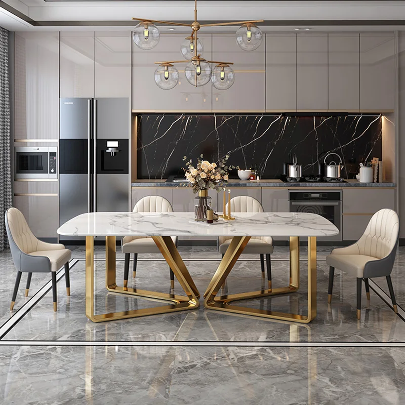 Modern luxury marble style but rock slab top with glass dining table and dining table set 8 seater