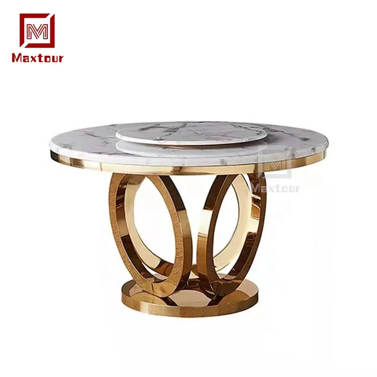 Luxury Style Rose Gold Stainless Steel Round Dining Table with Turn-table Modern Dining Room Table in High Quality
