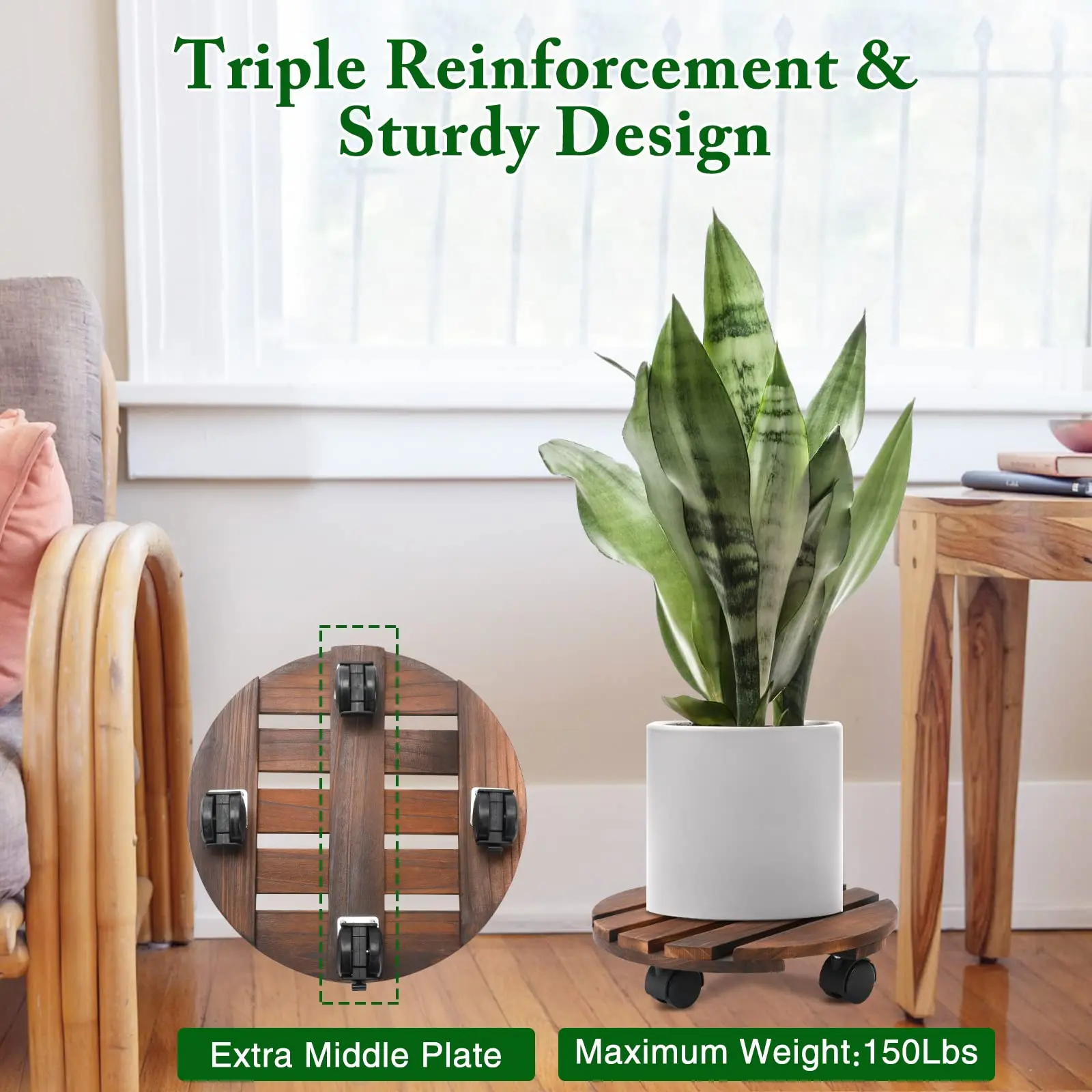 Plant Caddy with Lockable Wheels, Rolling Plant Stand 12 Inch Wooden, Plant Roller Base 150 lb Heavy Duty, 2 Packs Plant Dolly
