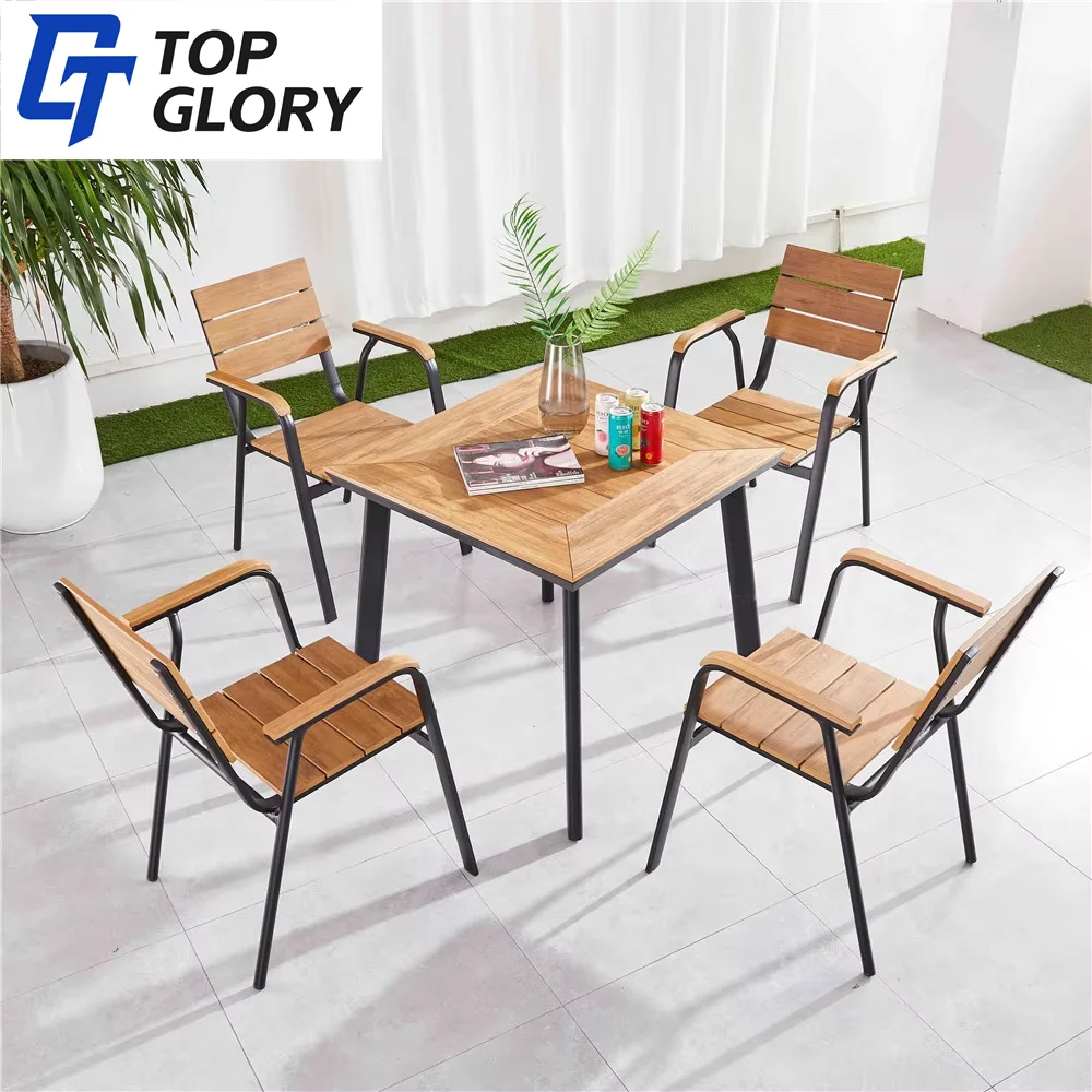 TG Modern Design Outdoor Garden Dining Set Waterproof Wood and Plastic Stack Chairs with a Colorful Wood Table
