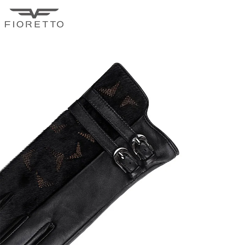  Роскошная зимняя модная женская кожаная перчатка FIORETTO с флисовой подкладкой для сенсорного экрана черная текстурой пэчворк из меха