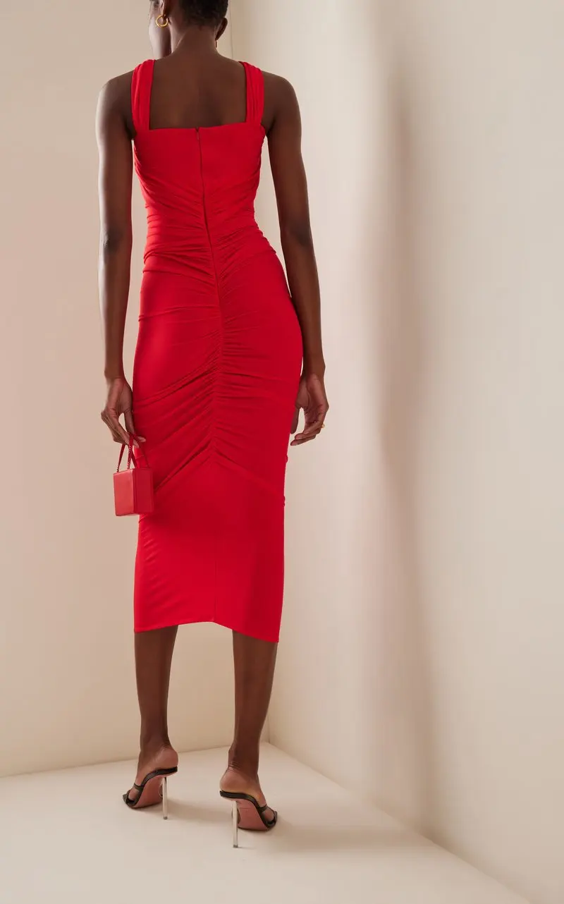 A7559 Western Style Red Women Midi Prom Dress Cutout Pleated Sexy Women Party Dress