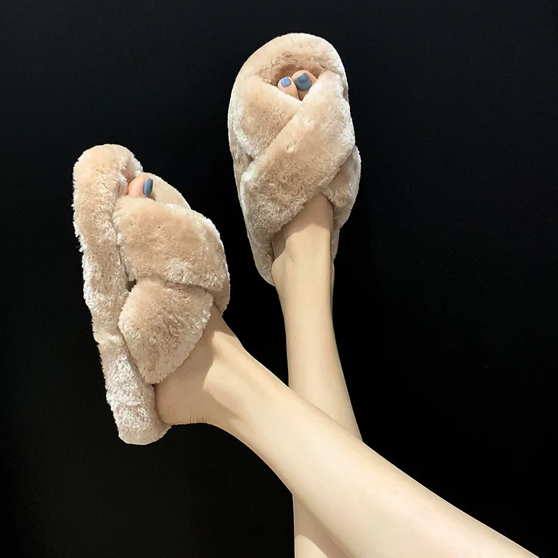 
Customized large size cross hairy slippers women thick-soled elastic band open toe plush slippers for ladies 