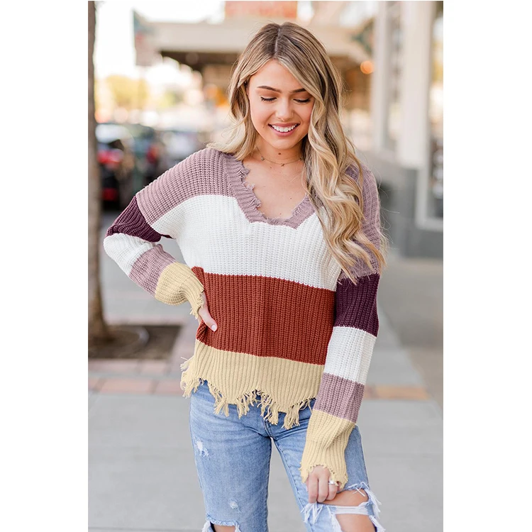 
2019 New Style Winter Striped Color Long Sleeve Women Distressed Sweater Oversize 