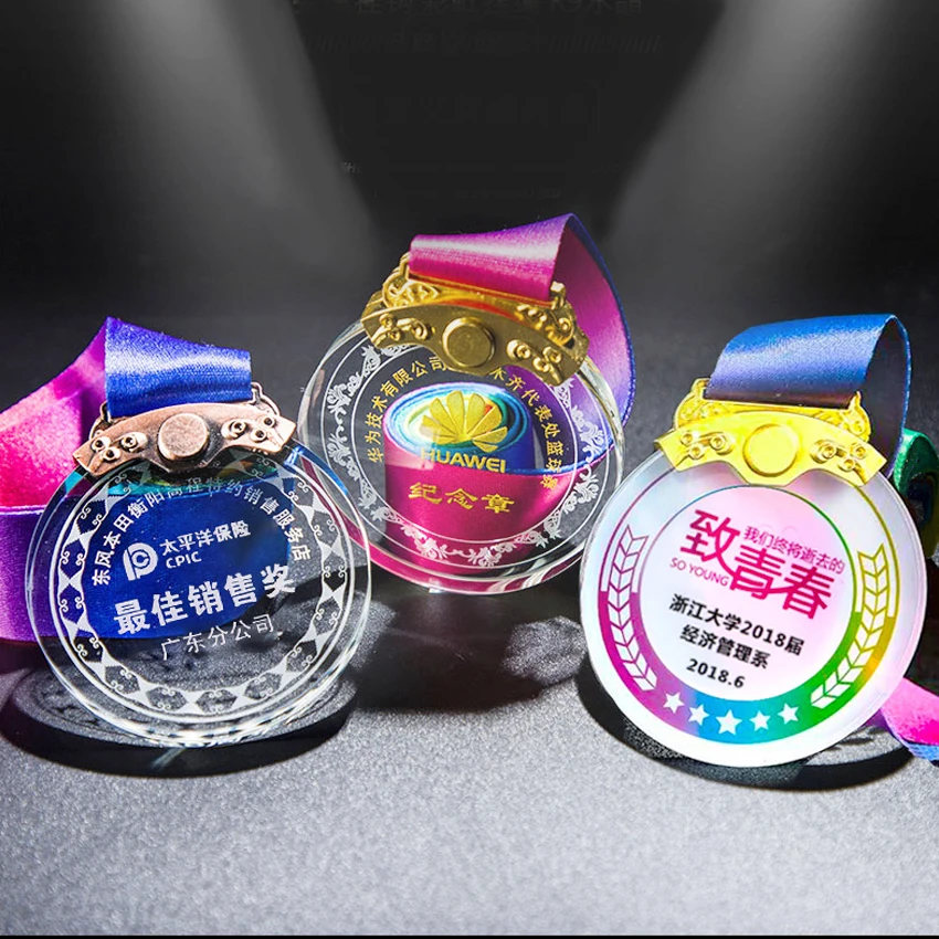 Customized Sublimation Quality Crystal Medal With Ribbon Glass Medals plaques Gold Sports Marathon Soccer Karate Acrylic Medal