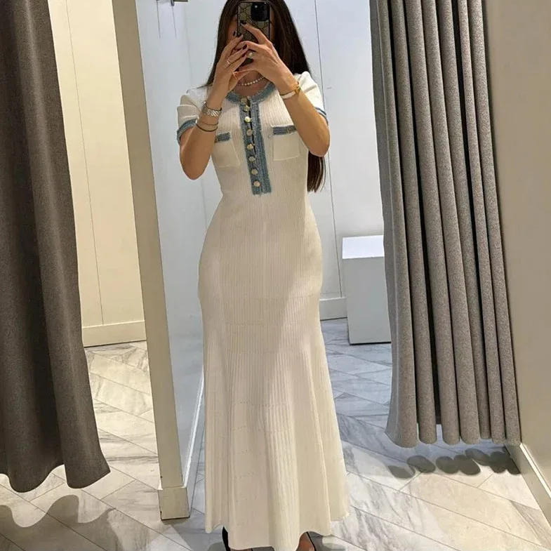 2024 New Popular Women Fashion Clothes Wholesale Denim Patchwork Knitted Long Skirt Tight Fitting Short Sleeved Midi Dress Lady