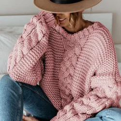 Winter Fashion Clothing Ladies Solid Pullover V-neck Twist Loose Sweater Casual Knitted Sweater Women