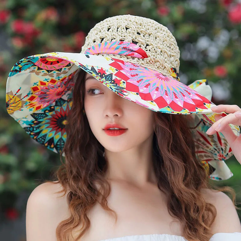 Y207114 Fashion Hook Printing Travel Hats Sun Sunshade Bowknot Straw Summer Wide Brim Beach Hats Women Floral