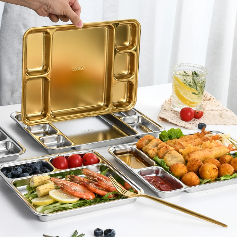 Factory SUS304 stainless steel grid plate barbecue buffet lunch Snack plates reusable fast food plate sauce barbecue meat tray