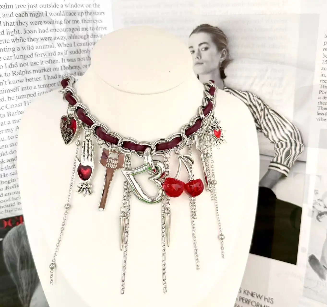 New Chocker Wrapped Metal Leather Long Silver Tassel Necklace Heart Cherry Hand Key Pendant Hip Hop Women Jewelry Wholesale