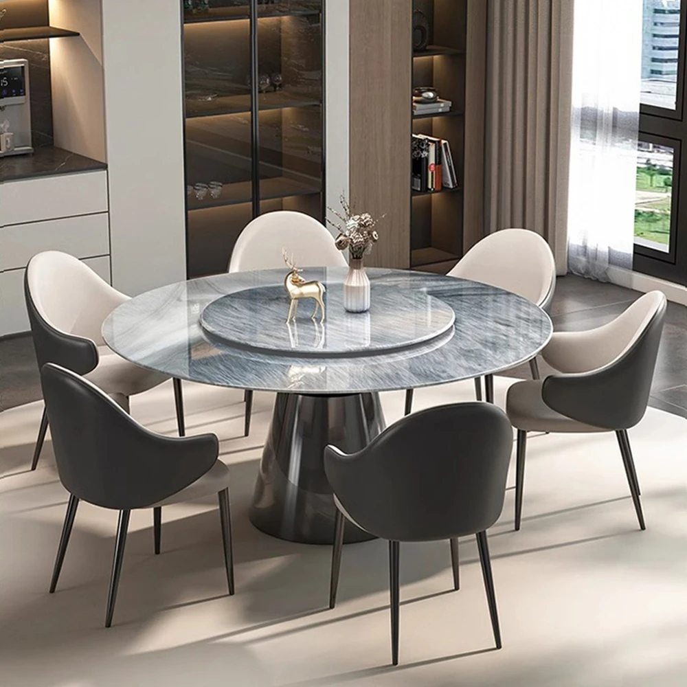 Luxury 1+6 Set White Marble Stone Solid Wood Dining Table with Modern 6-Leather Chairs for Home or Hotel Furniture