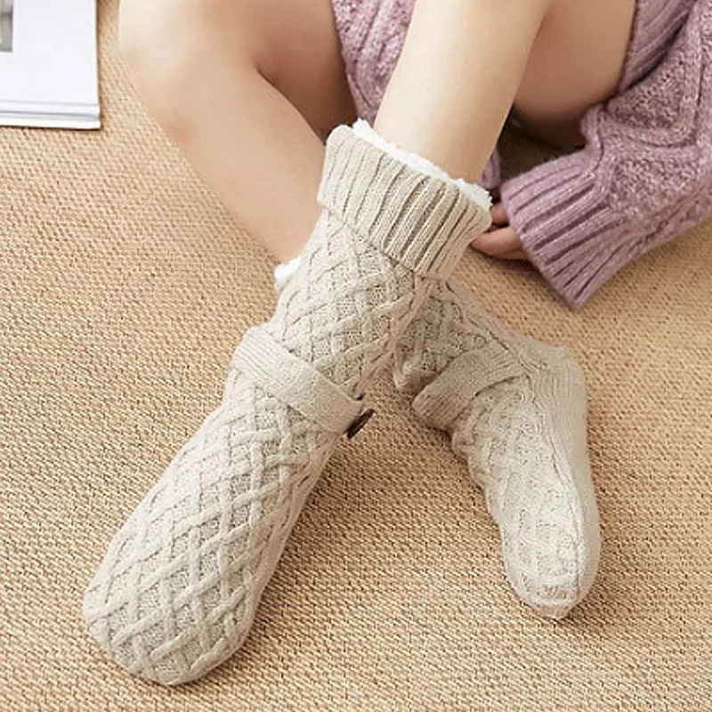 
Wholesale Knit Cozy Fleece Floor Fuzzy Winter Women Christmas Warm Acrylic Slipper Socks Floor socks with Button 