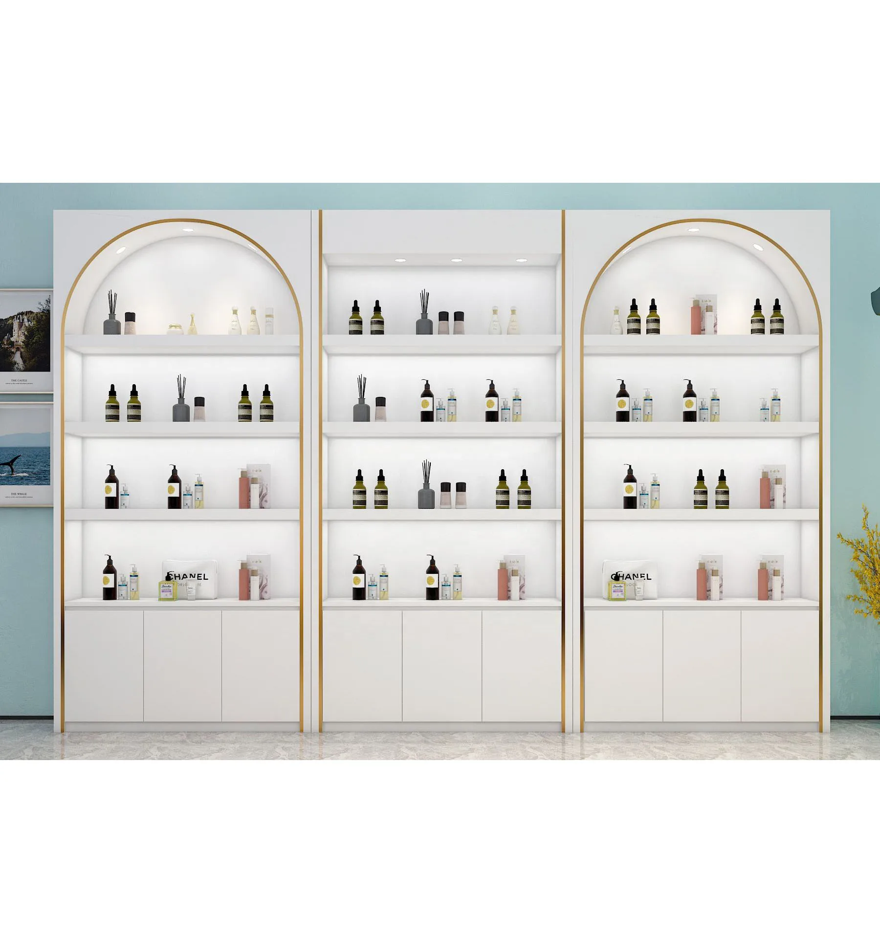 Foshan Meicheng Factory Designed Beauty Nail Salon Stores Products Display Shelf Cosmetic Shop Show Cabinets with Lights