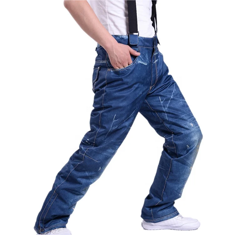 Wholesale custom label warm windproof waterproof thickened jeans ski pants Overalls with bib for men women