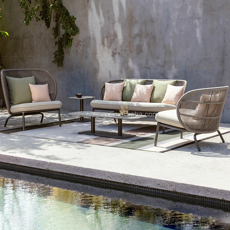 Latest design patio garden aluminum furniture outdoor rope waving dining set