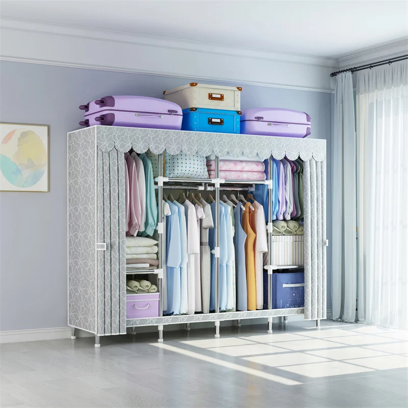 165cm Bedroom Clothes Storage Organizer Foldable Canvas Cabinet Metal Frame Portable Cloth Fabric Wardrobe Closet for Clothes
