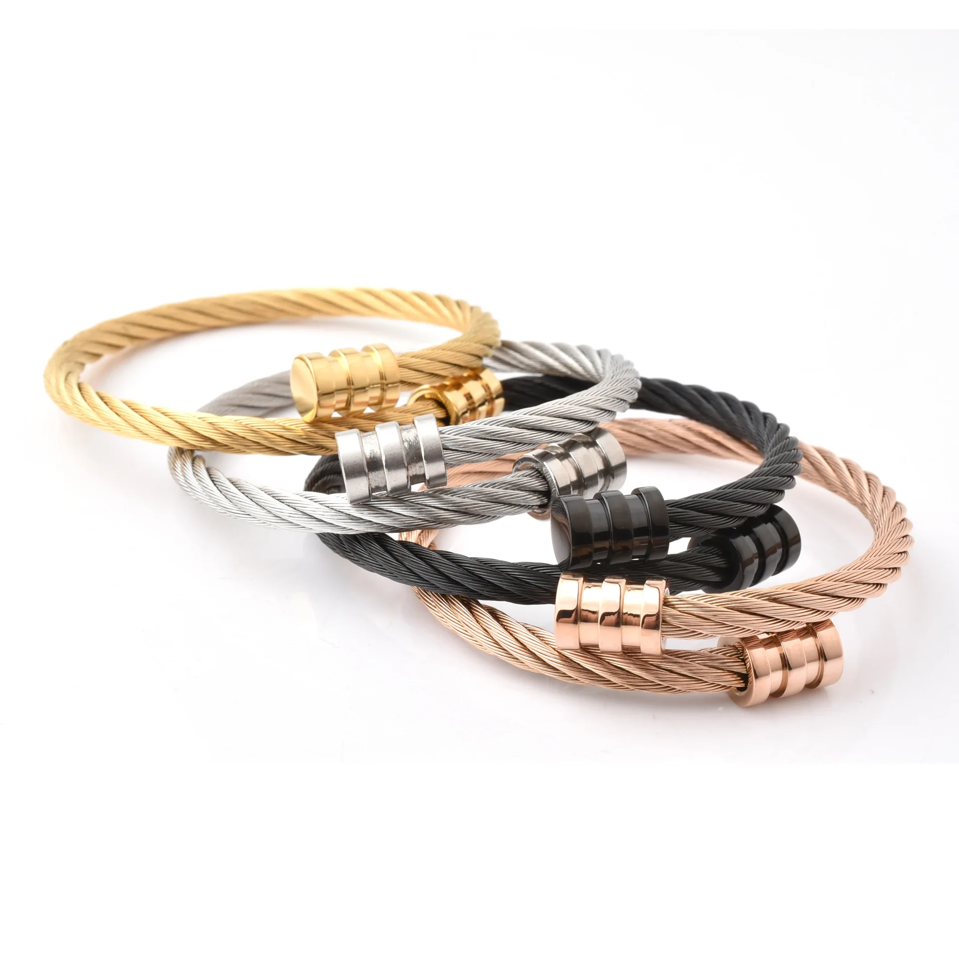 Titanium Steel Wire Bracelet Gold Waterproof Stainless Steel Adjustable Twisted Cable Wire Cuff Bangle