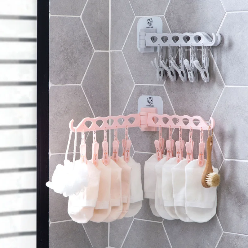 Plastic Drying Hangers Folding Wall-mounted Clothes Hanger Home Essential Sock Clips For Laundry