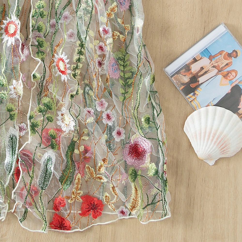 shiny French embroidery lace mesh European fashion transparent  floral evening  beach dress