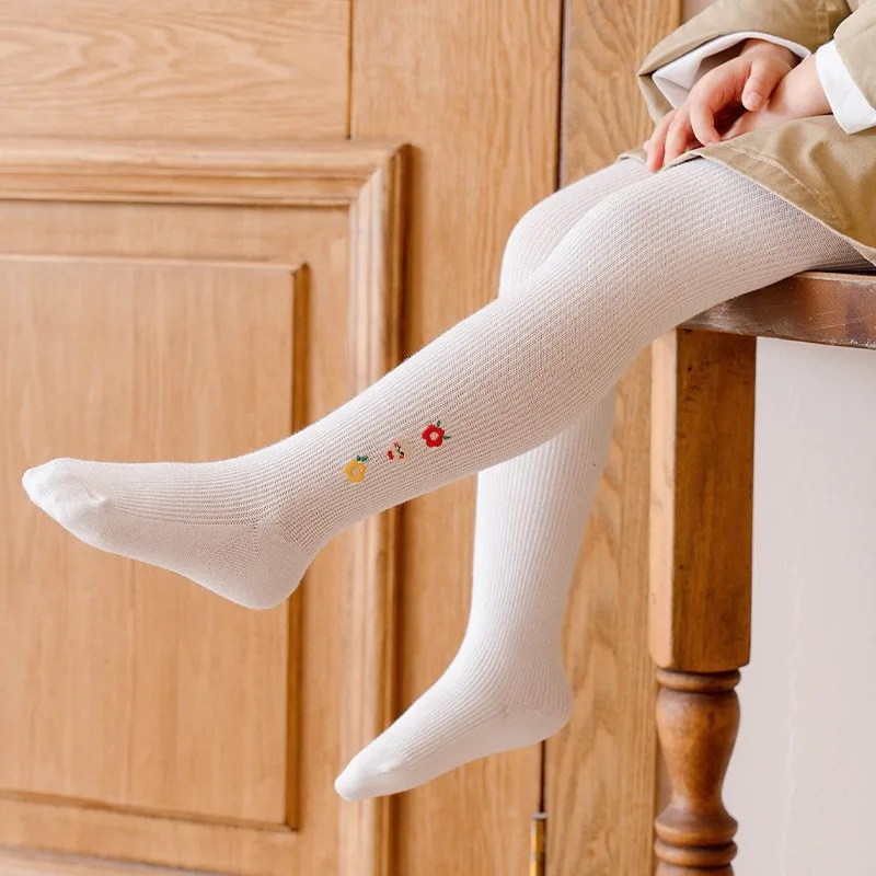 Embroidered Flower Children Baby Pantyhose Kids Girl White Cotton Knitted Ribbed Tights