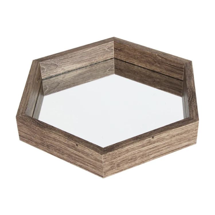 Decorative Wooden Hexagon Shelves Antique brass Color Black Glass Wall Mounted Mirror in High quality