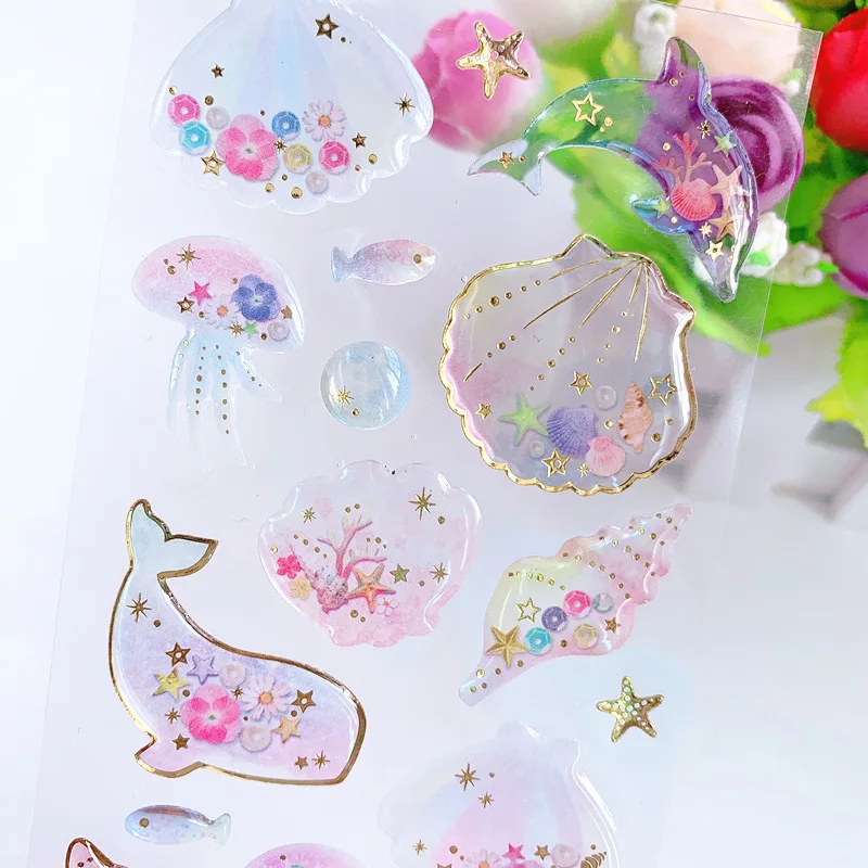Crystal 3D Stickers Sea Creatures Small Fish Seashells Dolphins Whale Stickers Self adhesive Handbook Decorative Stickers