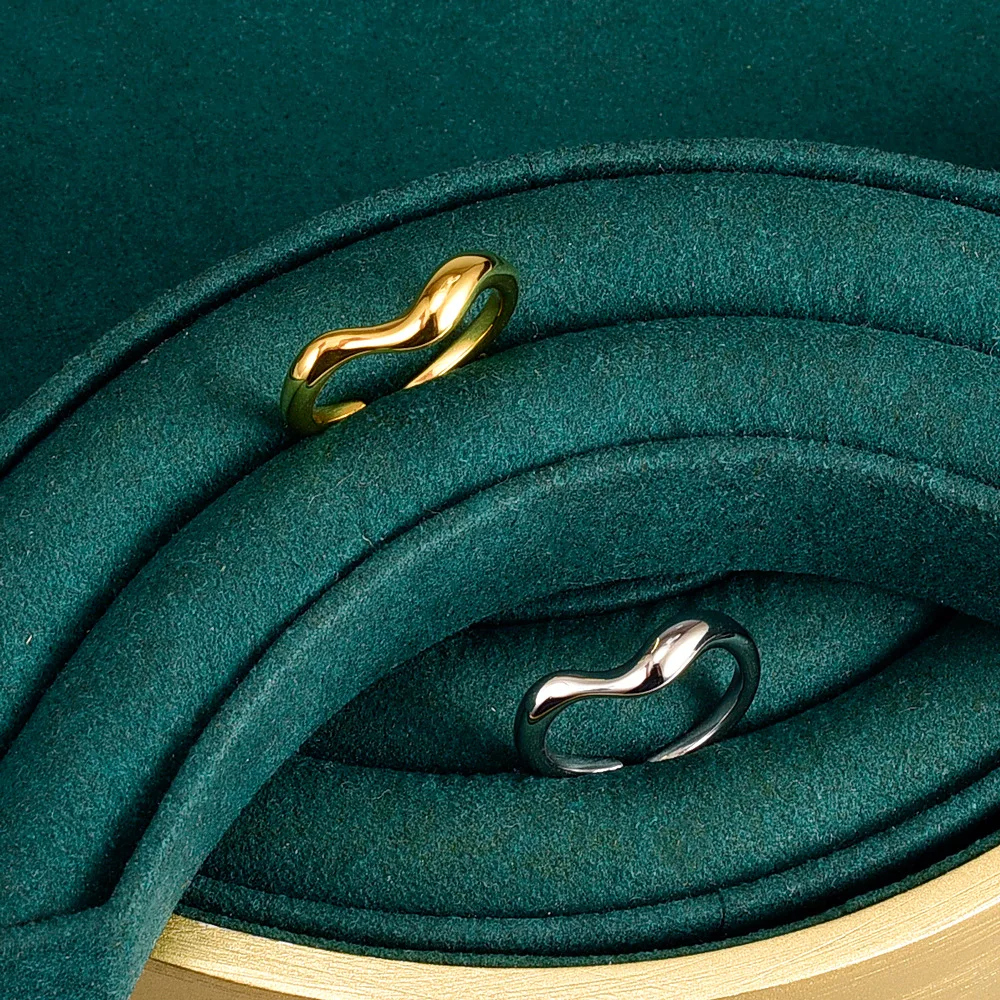 2 Pcs/set 316L Stainless Steel Bending Ring Stackable Silver Gold Plated Wave Adjustable Open Ring for Women