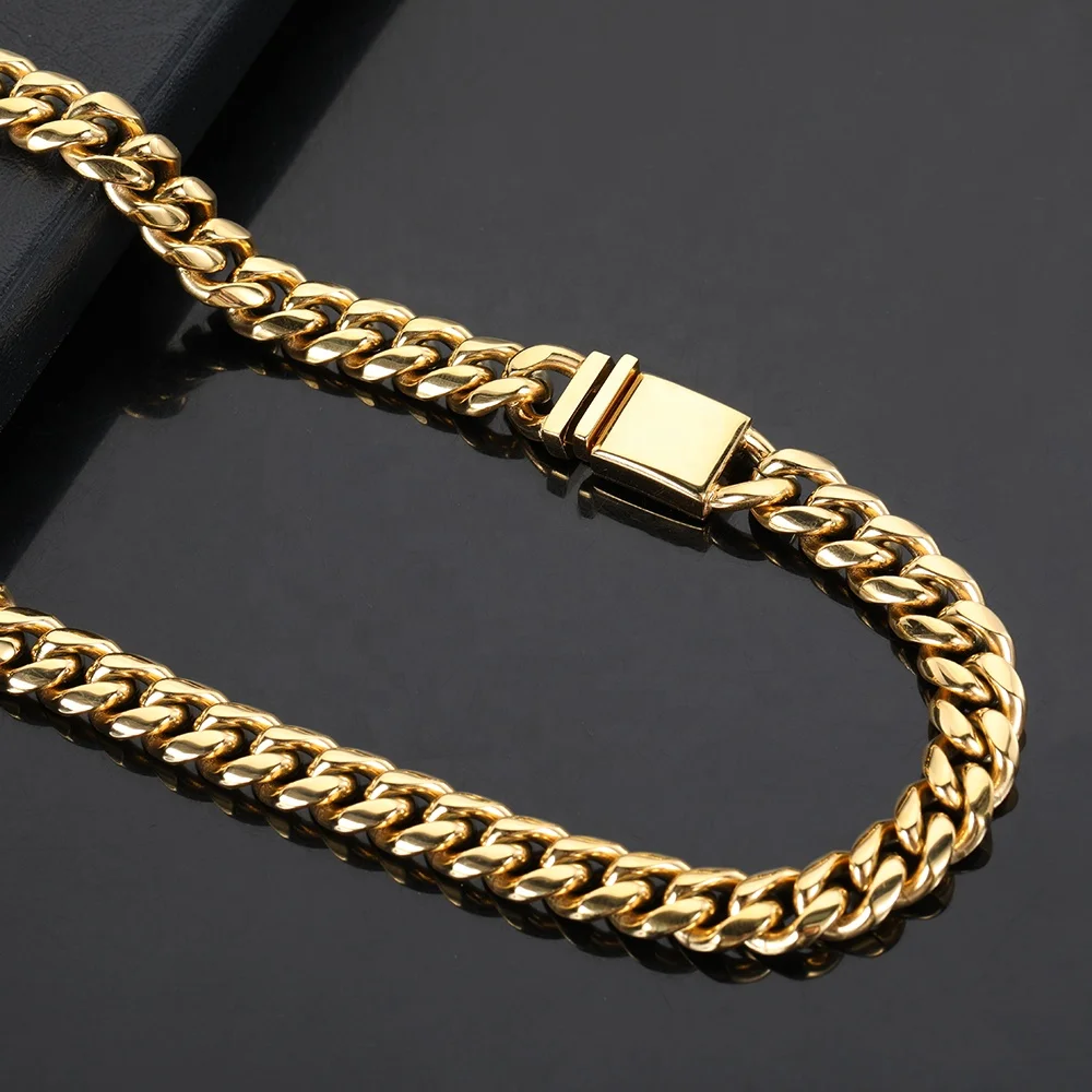 VEROMCA 18k Gold Stainless Steel Cuban Necklace Customizable Logo Four Sided Grinding Clasp Necklace