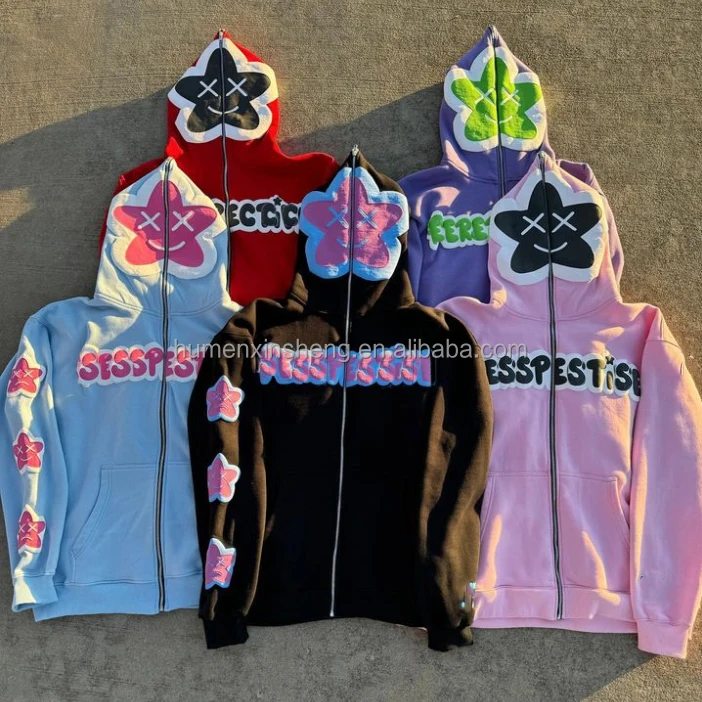 Cloth manufacture custom unisex loose heavyweight french terry plus size cropped full face zip up puff print hoodie men