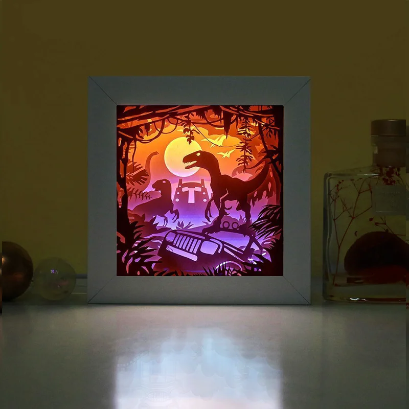 Creative DIY Paper Art Crafts Jurassic Park Dinosaur sculpture 3D Paper Cut Fairy Lights For Kids