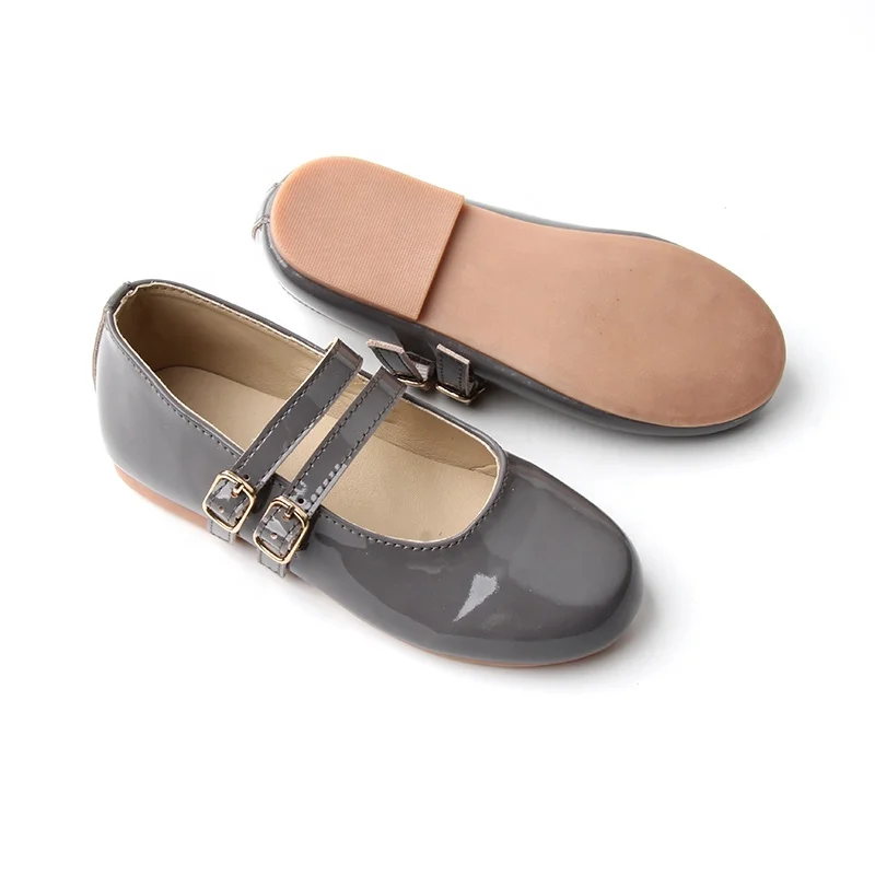 Babyhappy Factory Price Grey Hard Outole Round Toe Smooth Mirror Leather Girl Flat Princess Mary Jane Shoes