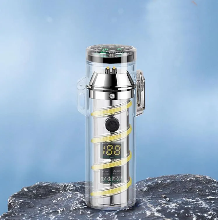 Transparent Shell Flashlight Double Arc Lighter Waterproof Type-C Charging Digital Display Cigarette Torch Lighters