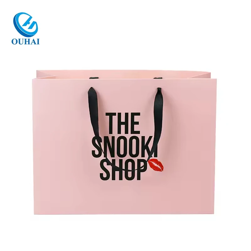 Eco-Friendly Materials Luxury Brand Custom Logo Boutique Pink Packaging Gift Paper Shopping Bag for Clothes