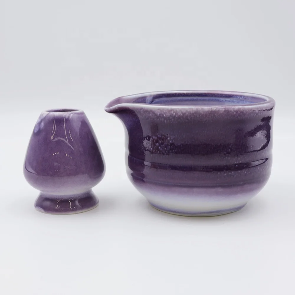Custom green tea matcha set tool kit astral purple flash flambed glazed ceramic whisk whip holder and matcha bowl with spout