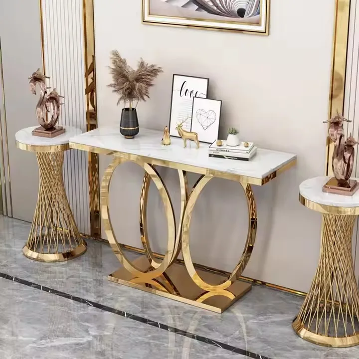Light Luxury Italian Living Room Furniture Gold Hallway Mirror Marble Glass Gold Metal Frame Console Table